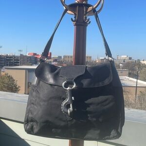 Vintage Y2K Prada Tessuto Black Leather Nylon Shoulder Silver Hardware Hobo Bag